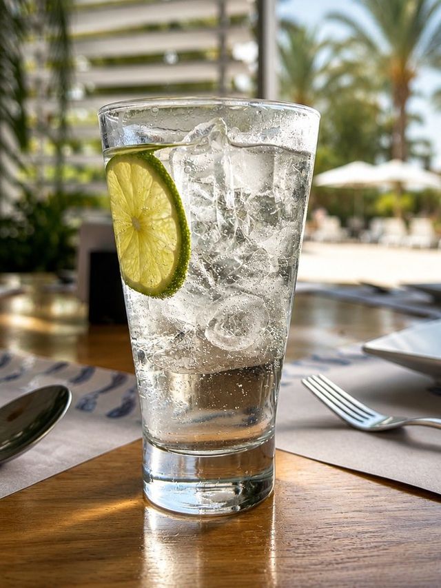 Chilcano servido en vaso highball con hielo y rodaja de limón