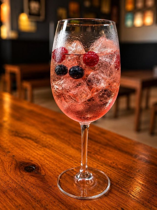 Qantu Spritz servido en copa con hielo y frutos rojos